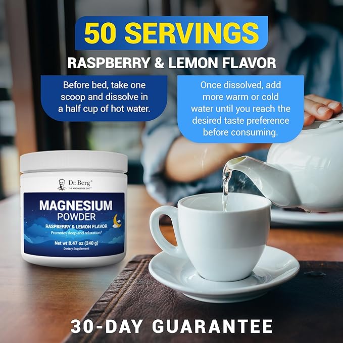 Dr. Berg Magnesium Glycinate Powder for Sleep Relaxation &amp Stress Relief - Now Includes Vitamin D3 &amp Zinc - Delicious Raspberry &amp Lemon Flavor (50 Servings) Magnesium Powder - Magnesium