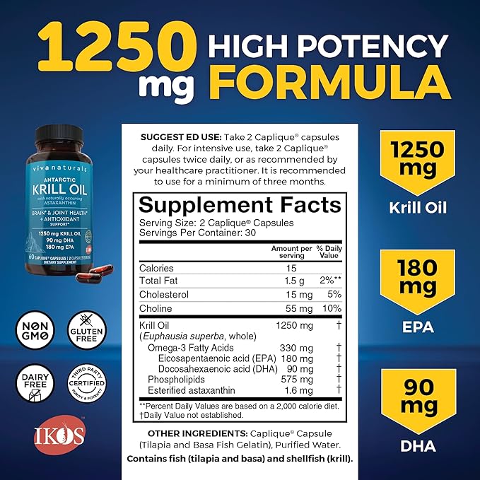 Viva Naturals 1250 mg Antarctic Krill Oil and 2500 mg Triple-Strength Omega-3 Fish Oil Bundle Providing Omega-3 EPA and DHA