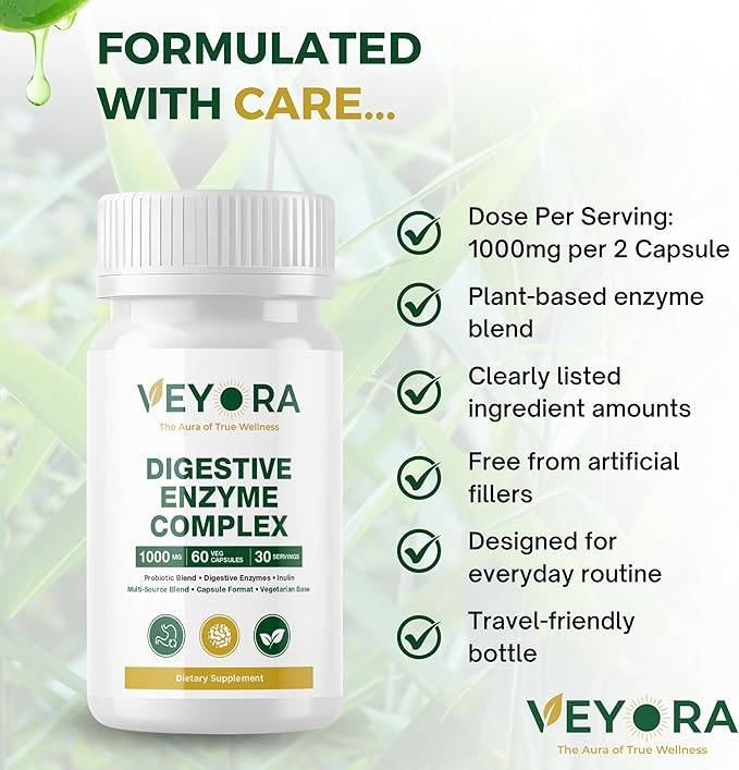 Digestive Enzyme Complex 1000 mg | 60 Vegan Capsules | with Probiotic &amp Inulin Fiber | Multi-Source Clean Label Formula | Non-GMO | Gluten-Free