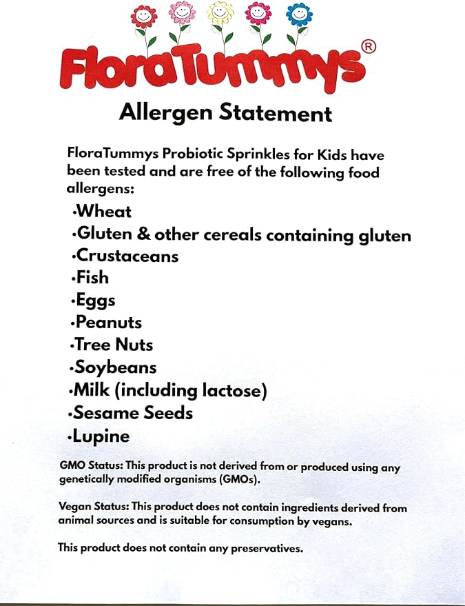 FloraTummys Probiotics for Kids: 30 Taste-Free Powder Packets Free of Food Allergens Non-Dairy Gluten Free Sugar Free Non-GMO Vegan