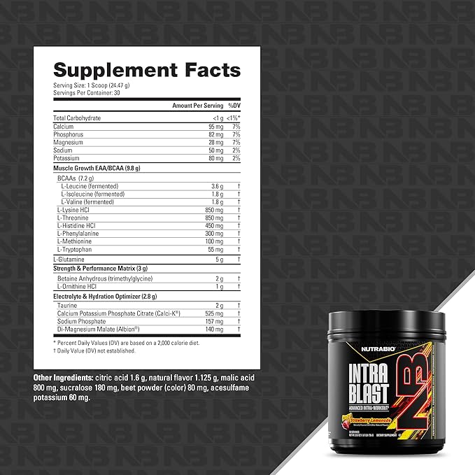 NutraBio Intra Blast Bcaa Powder Amino Acid Supplement Electrolyte &amp Hydration Blend Intra Pre Workout &amp Muscle Recovery 20g Eaa Amino Acids Powder 5g Glutamine- Strawberry Lemonade 30 S