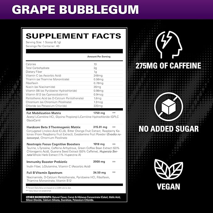 EHP Labs OxyShred Hardcore Super Dosed Pre Workout Powder - Preworkout Powder with L Glutamine &amp Acetyl L Carnitine Energy Boost Drink - 275mg of Caffeine - Grape Bubblegum 40 Servings