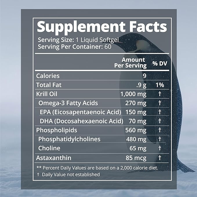 100% Pure Organic Antarctic Krill Oil 1000mg 60-Days Omega 3 Highest Concentration 56% Phospholipids EPA Choline Astaxanthin Wild Caught Sustainable Supports Heart Brain No Fish Oil