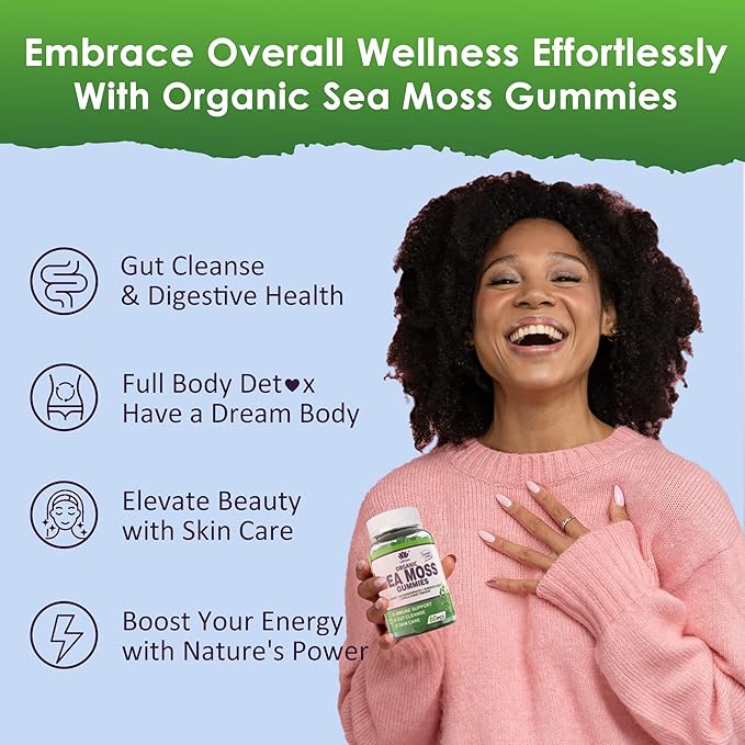 Sea Moss Gummies - Irish Sea Moss Gummies for Adults &amp Kids - Advanced Superfood Seamoss Supplement + Bladderwrack &amp Burdock Root ExtractACV for Daily Immune Gut Cleanse Vegan Sugar Free