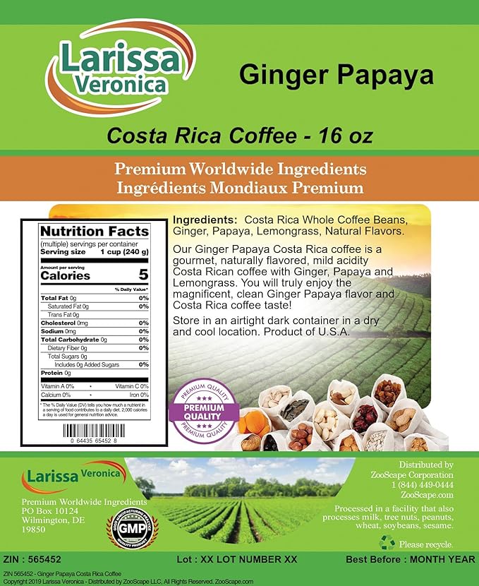 Ginger Papaya Costa Rica Coffee (Gourmet Naturally Flavored Whole Coffee Beans) (16 oz ZIN: 565452) - 3 Pack
