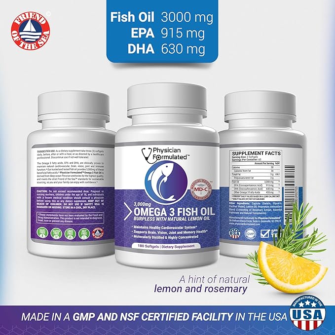 Fish Oil Omega 3 3000mg per Serving - 915mg Epa 630mg Dha 2000mg Total Omega 3 6 9 XL - 180 Capsules