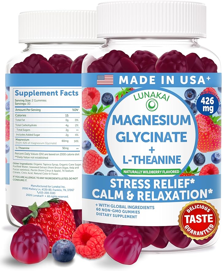 Lunakai USA Made Magnesium Glycinate Gummies 426mg with L-Theanine – Calm Sleep Stress Relief for Adults &amp Kids Non-GMO Vegan 60ct