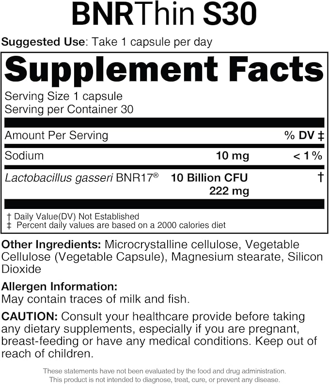 BNRThin S30 Lactobacillus Gasseri BNR17 10 Billion CFU Guaranteed 90 Capsules (90 Serving 3 Packs of 30)