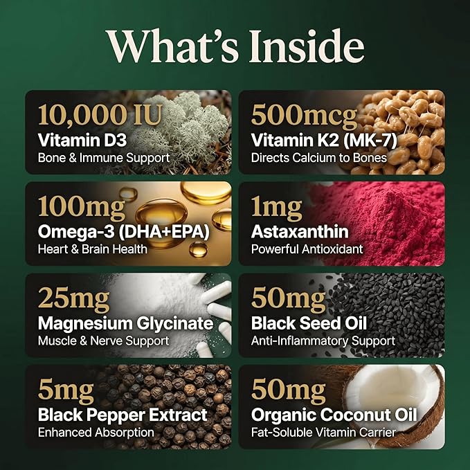 Vitamin D3 10000 IU + K2 MK-7 (500mcg) | High-Strength Vegan D3 from Lichen | Omega-3 DHA/EPA Astaxanthin Black Seed Oil &amp Algal DHA | Immune Bone Heart &amp Muscle Support | 180 Softgels