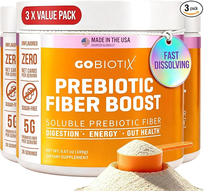 GOBIOTIX Fiber Supplement Powder with Prebiotics for Digestive Health and GLP-1 Support Soluble Fiber for Gut Health &amp Debloat Keto Vegan Gluten &amp Sugar Free 35 Servings (3 Pack)
