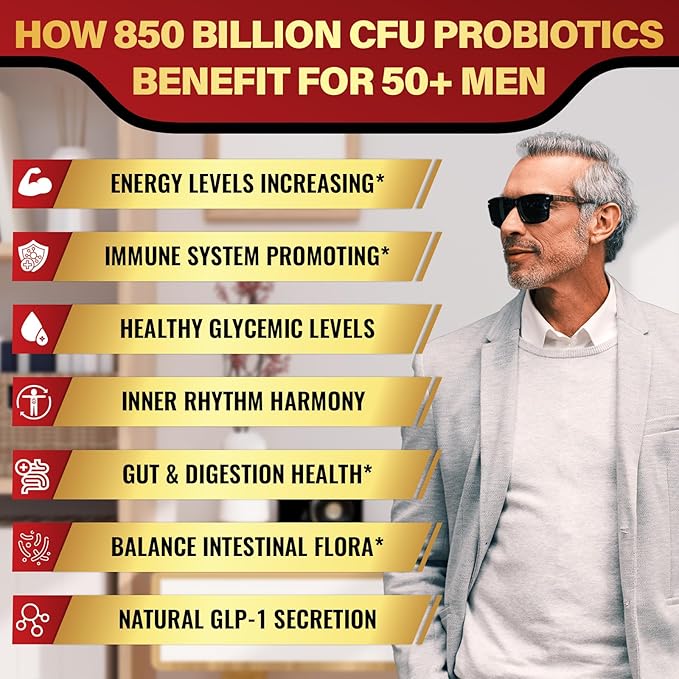 Probiotics for Men Potent 50+ Mens Probiotic Complete Gut &amp Digestive Health with 850 Billion CFU 1900mg Prebiotic Fiber Energize Immune Mens Probiotics for Gut Health Over 50-90 Capsule
