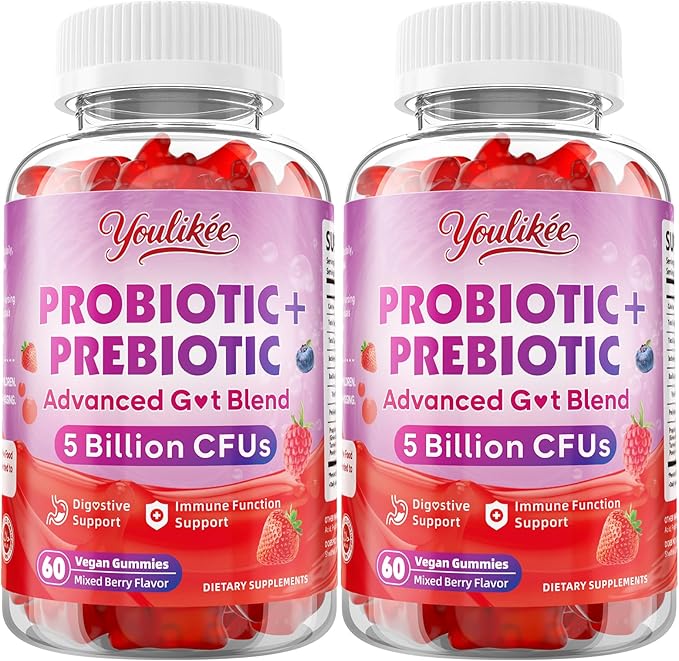 2 Pack Prebiotic + Probiotic Gummies for Women and Men Probiotic Gummies Supports Gut Health 5 Billion CFUs with Fibers Vegan Sugar-Free 120 Count