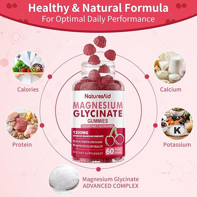 Natures Aid Magnesium Glycinate Gummies 1000mg - Sugar Free Magnesium Potassium Supplement with Vitamin D B6 CoQ10 for Calm Mood &amp Sleep Support - 120 Cherry Gummies -2 Pack