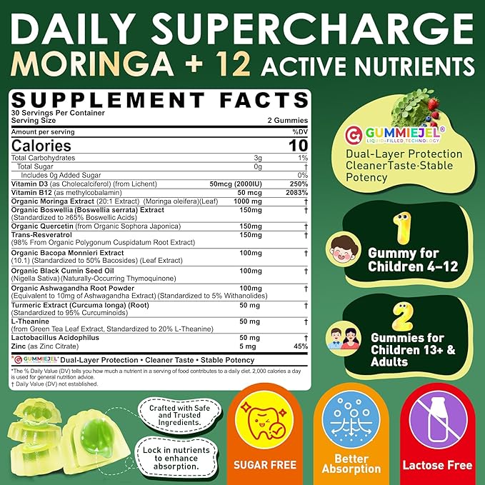Moringa Gummies 1000mg for Women &amp Men Sugar-Free 13-in-1 Superfood with Turmeric Ashwagandha Trans-Resveratrol VB12 D3 Pure Moringa Leaf Supplement for Energy Immune SkinAntioxidant 60 C