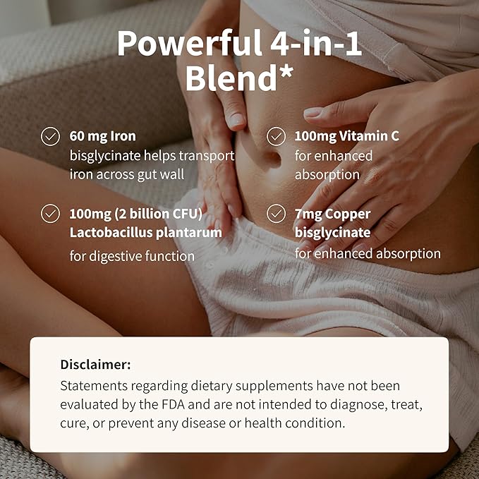 Nourished Natural Health ProbIron - Women's Probiotic + Iron Supplement Boosted with Vitamin C and Copper - Vegan Formula for Energy and Digestive Wellness - 60 Capsules