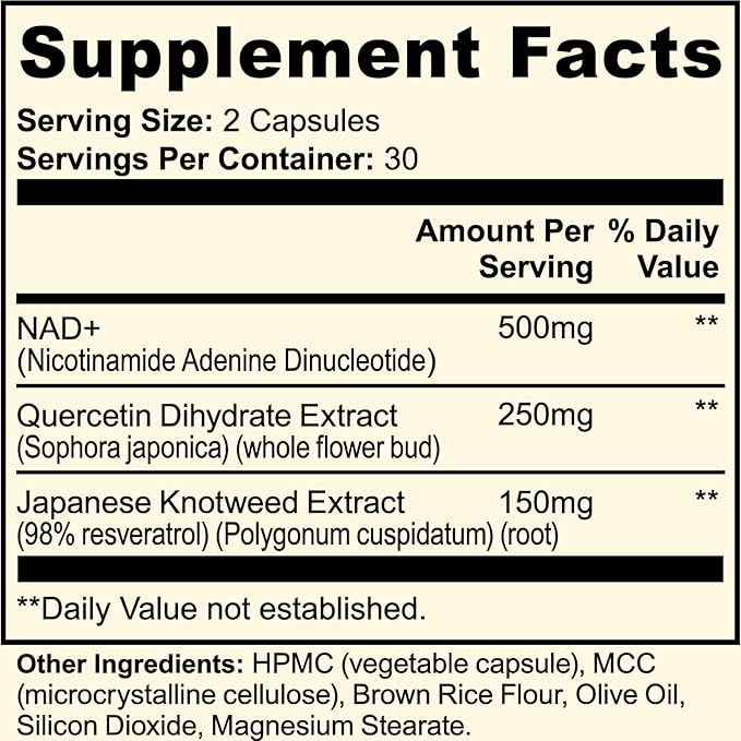 Natural NAD+ Supplement 500 mg with Resveratrol &amp Quercetin | Cellular Energy &amp Healthy Aging Support for Women | Non-Stimulant | GMP-Certified | 3rd Party Tested | 60 Vegan Capsules | Made in