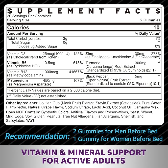 Zinc and Magnesium Supplement Zinc Magnesium Aspartate Post Workout Gummies for Men Women with Vitamin B6 B12 D3 Turmeric for Nighttime Recovery Reduce Fatigue Boost Immunity &amp Sleep 60 Co