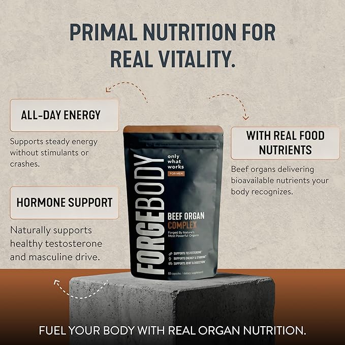 FORGEBODY® Beef Organ Complex Capsules [1 Month] - 100% Grass Fed Beef Organ Supplement with Blend of Liver Heart Bone Marrow Pancreas &amp Testicles - Supports Body Health &amp Brain Function (N