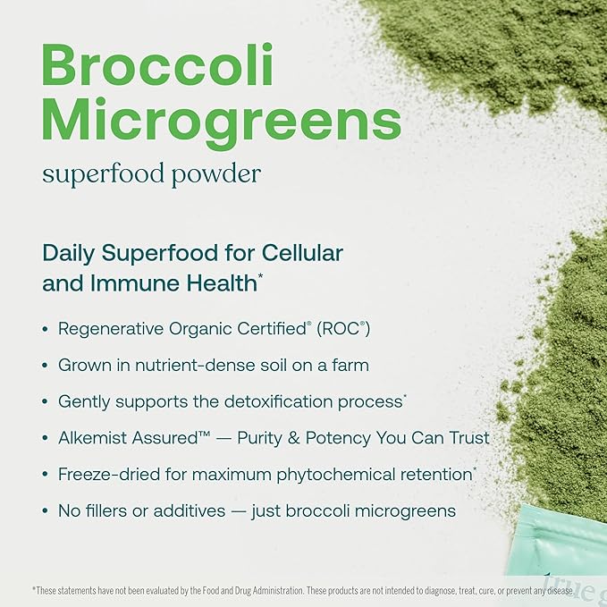 True Grace Broccoli Microgreens - 0.4 oz - Daily Superfood Powder for Cellular &amp Immune Health - Gluten &amp Soy Free Vegan Regenerative Organic Certified - 30 Servings