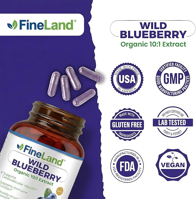 FineLand Wild Blueberry Extract Rich in Flavonoids &amp Anthocyanins Antioxidant Support for Brain &amp Heart Health 4-Month Supply 120 Vegan Capsules Non-GMO Made in USA