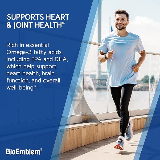 BioEmblem Omega-3 Fish Oil 2000mg - Small Size Softgels High Absorption Form Sustainable - 1400mg EPA &ampDHA Plus Vitamin D3 Non-GMO Heart Joint &amp Brain Health Fish Oil Supplement 360 Ct