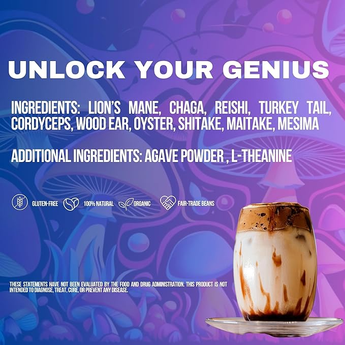 Genius Bean House Blend Mushroom Coffee Medium Roast Ground Coffee with Lion's Mane Chaga Reishi Cordyceps L-Theanine Organic Fair-Trade Beans 8 oz