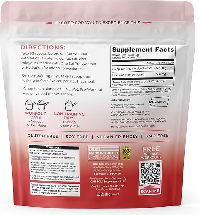 One Sol Creatine for Women All Natural Women’s Creatine Powder w Creapure &amp Leucine Increase Lean Muscle Mass Reduce Recovery Time Promotes Brain &amp Bone Health (Sour Cherry 60 Servings)