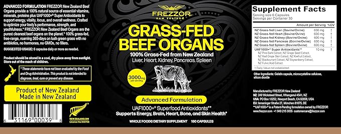FREZZOR New Zealand 100% Live-Grass-Fed Beef Organs Complex Supports Whole Body Wellness and Energy with Proprietary Blend of Liver Heart Kidney Pancreas &amp Spleen Non-GMO 3000mg 1080 Capsul