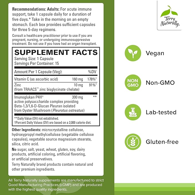 Terry Naturally PleuraMax Extra Strength - Upper Respiratory Health Supplement - Sourced from Oyster Mushrooms - Includes Vitamin C &amp Zinc for Immune Support - Vegan - 15 Capsules (15 Servings)