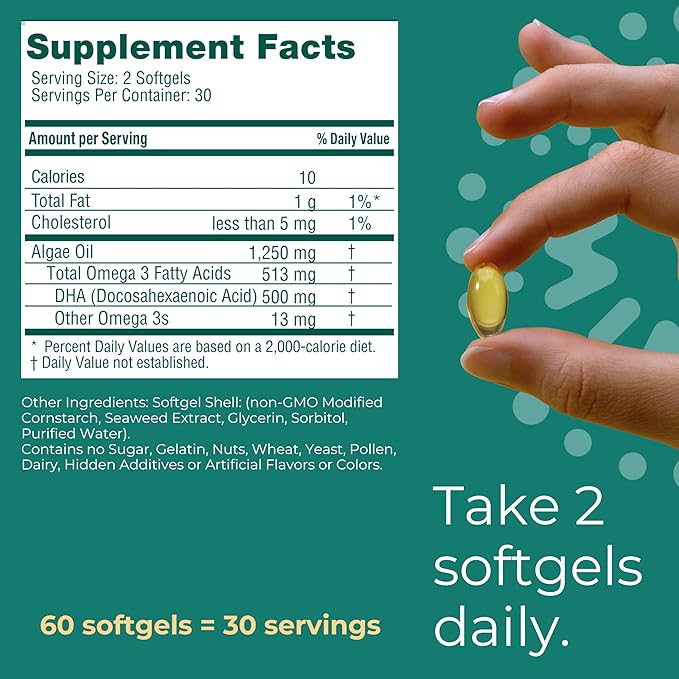 Iwi DHA Omega-3 60 Softgels (30 Servings) Plant-Based Algae Omega 3 Brain Eyes &amp Nervous System Support Dietary Supplement Krill &amp Fish Oil Alternative No Fishy Aftertaste