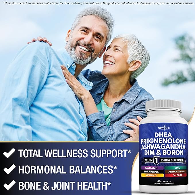 NEW AGE DHEA Supplement - Pregnenolone for Men &amp Women with DIM Ashwagandha Boron Calcium Magnesium Zinc Vitamin D3 5000iu - Support Capsules - 180 Count