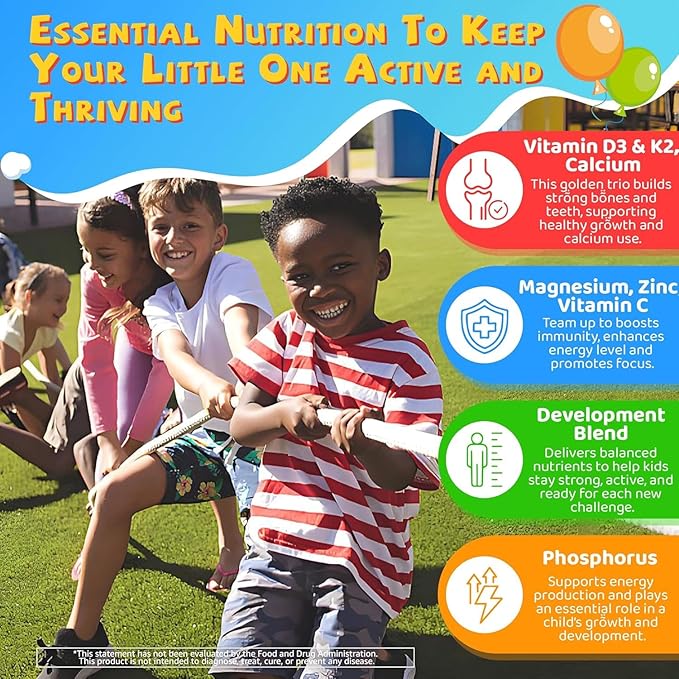 Vitamin D3 K2 Gummies for Kids + Calcium Magnesium Zinc Phosphorus Vitamin C Kids Multivitamin D3 &amp K2 Supplement for Bṏne Health Calcium Absorption Focus &amp Immunity Non GMO Sugar Fre
