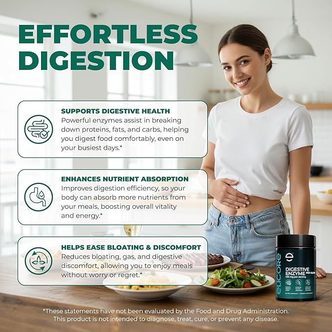 Premium Digestive Enzyme Pro Blend with Bromelain &amp Papaya Enzyme– Gas and Bloating Relief for Women and Men Gut &amp Digestive Health Supplement – Gluten-Free – 60 Veg Capsules