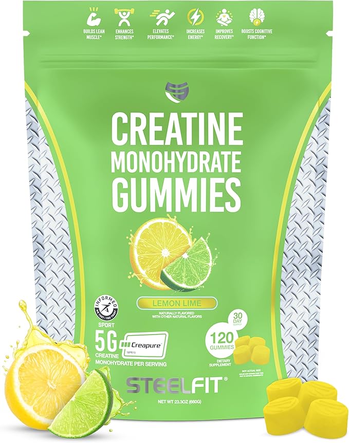 SteelFit Creapure Creatine Monohydrate Gummies for Men &amp Women Lemon Lime - Gym Workout Nutritional Supplements for Muscle Gain Brain Health &amp Strength Building Dietary Supplement 120 Gummi