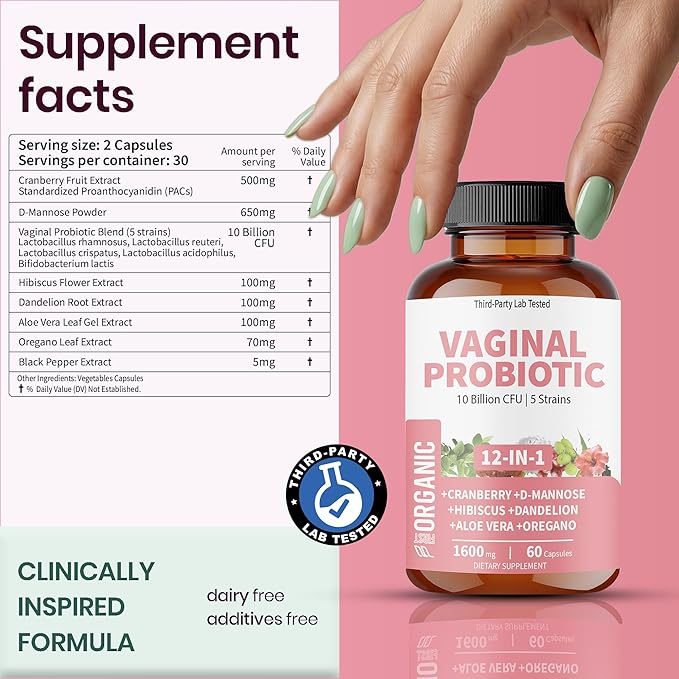Women’s Vaginal Microflora Probiotic Complex | Everyday Freshness &amp Comfort Formula | 12-in-1 Blend with Cranberry D-Mannose &amp Hibiscus | Third-Party Tested cGMP Facility Vegan Non-GMO 60