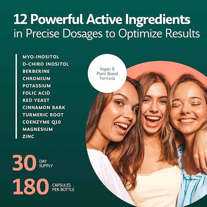 Inositol Plus Supplement for Women | Ovarian Health Hormone Balance Fertility Ovulation | 40:1 Myo-Inositol D-Chiro &amp 12 Ingredients | Developed by Medical Doctor | 120 Capsules