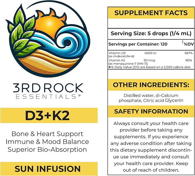 3rd Rock Essentials Vitamin D3 4000 IU + K2 MK-7 Liquid Drops – High Absorption Chelated Formula – 600 Drops (4 Month Supply) – Bone Immune &amp Calcium Support – Non-GMO Gluten Free Supplement