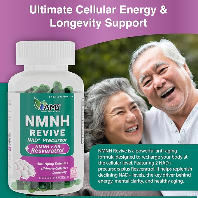 America Medic &amp Science NMNH Revive – Dual NAD+ Precursor Supplement for Longevity Healthy Aging Energy Metabolic Function Skin &amp Cellular Health – 60 Capsules for Daily Vitality