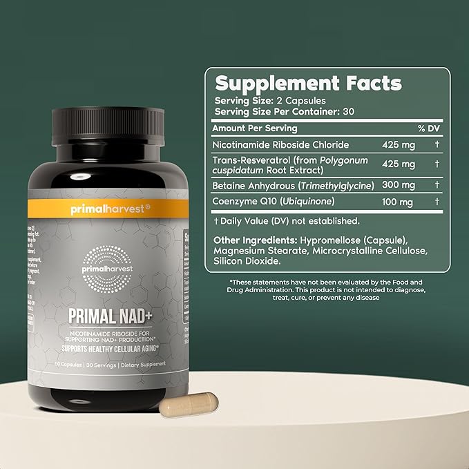 Primal Harvest NAD+ Supplement: Nicotinamide Riboside Trans-Resveratrol Betaine CoQ10 NAD Supplements for Cellular Health Energy and Mitochondrial Support (60 Count (1 Pack)