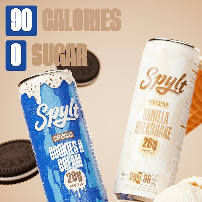 Spylt High Protein Cookies &amp Cream/Vanilla Milk with 60mg Caffeine &amp 20g Protein - 90 Calories Ready to Drink Sugar Free Lactose Free Milk Perfect for Workout Recovery &amp Afternoon Pick