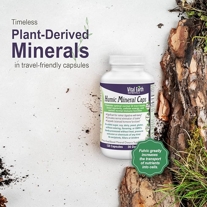 Vital Earth Minerals Humic Minerals Capsules - 70+ Trace Minerals with Naturally Occurring Fulvic Acid Alkalizing Mineral Supplement for Detox Gut Health Wellness 120 Count