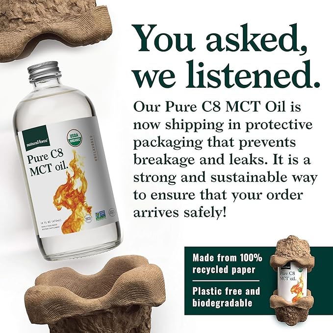Natural Force Organic Pure C8 MCT Oil – Liquid MCT Oil in Glass Bottle Container – Concentrated Caprylic Acid – Keto Paleo Kosher Vegan &amp Non-GMO – Lab Tested for Quality and Purity 16 Ounce
