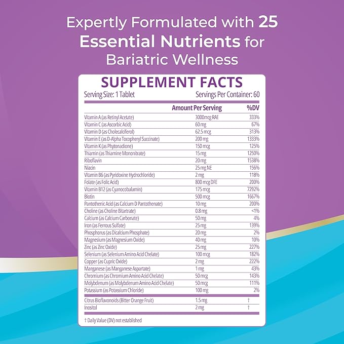 High A D E K Bariatric Multivitamin for Post DS/SADI Surgery 25 Essential Nutrients for Post-Weight Loss Surgery 60 Tablets Meets ASMBS Guidelines for Bariatric Bypass