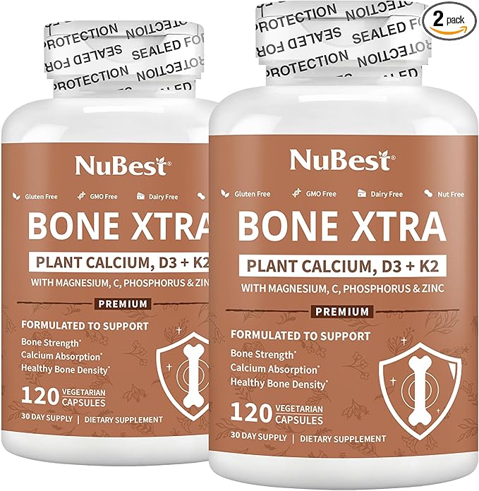 NuBest Bone Xtra Plant-Based Bone Strength Formula with Calcium Magnesium from Marine Algae Phosphorus Vitamin C K2 D3 | Immunity &amp Maximum Calcium Absorption | Pack 2
