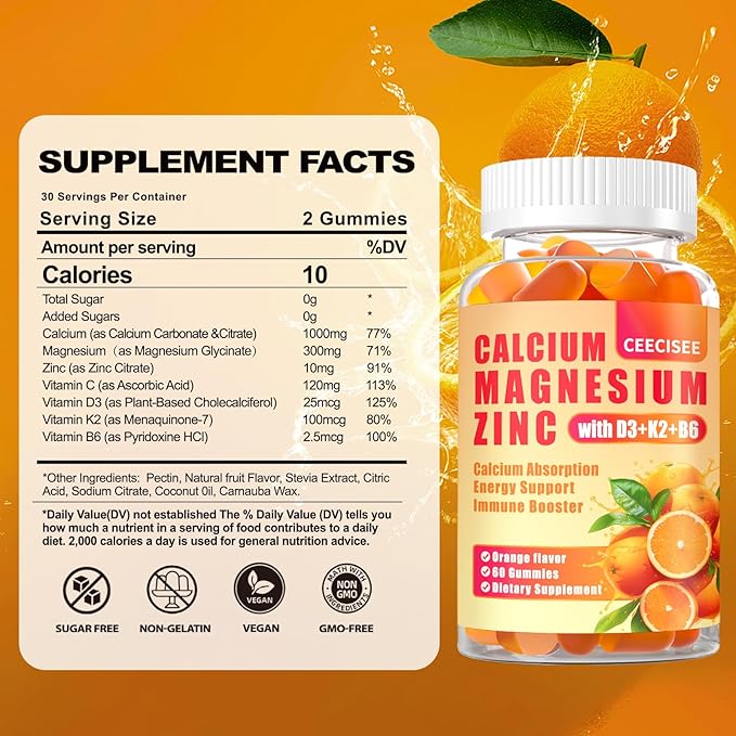 Calcium Magnesium Zinc Gummies with D3 &ampB6 &ampK21000mg Calcium Gummies with 300mg Magnesium Support Immune Energy for Adults and TeensSugar Free(120Count)