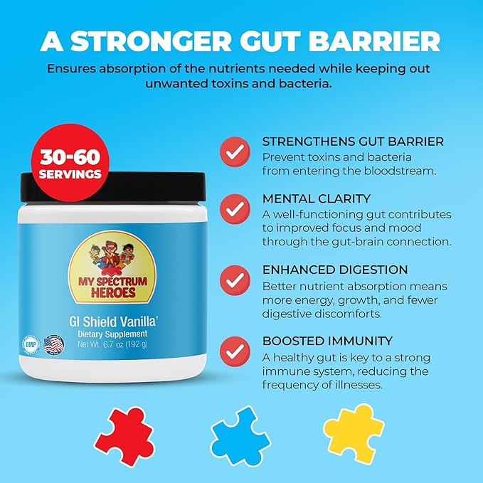 My Spectrum Heroes GI Shield Supplement – Supports Gut Barrier Health &amp Integrity Brain-Gut Connection with High-Dose L-Glutamine DGL Licorice Root Aloe Vera Extract &amp Zinc Vanilla 30 Ser