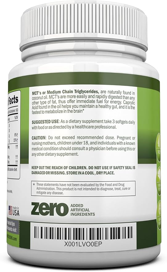 MCT Oil - 3000mg Per Serving - 180 Softgels - Made from 100% Organic Coconuts - Non GMO Cold Pressed Paleo Friendly Capsules - Great for Focus &amp Gut Health