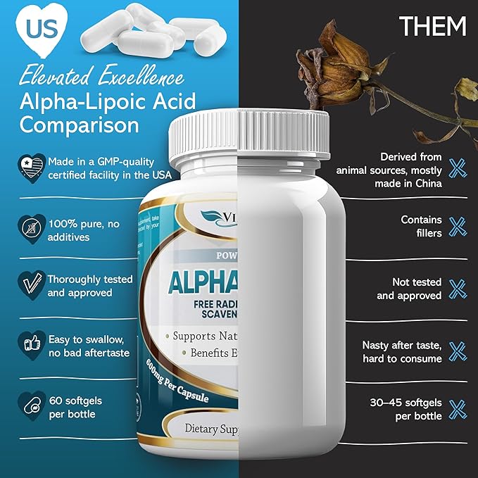 Alpha Lipoic Acid 600mg Capsules - Extra Strength ALA Supplement - Best Pure Vegetarian Capsules for Nerve Pain Skin Face Eye and Brain Boost – Helps Sustain Natural Detoxification Non-GMO