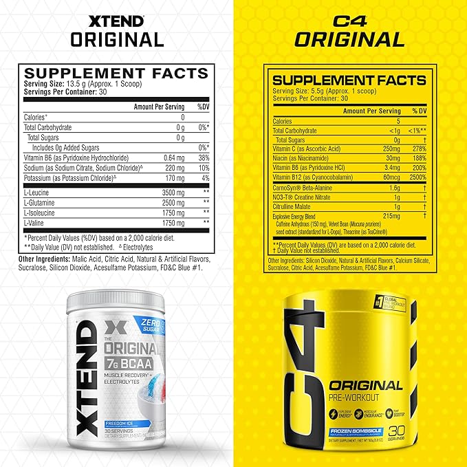 Cellucor Pre Workout &amp BCAA Bundle C4 Original Pre Workout Powder Frozen Bombsicle 30 Servings + XTEND BCAA Powder Freedom Ice 30 Servings
