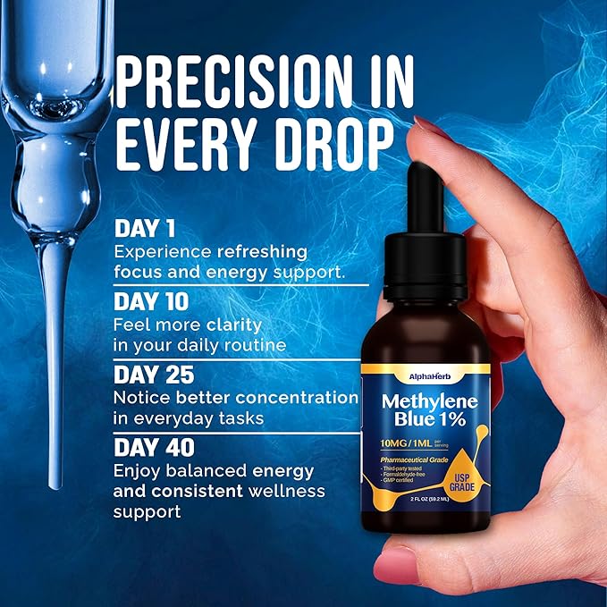 Methylene Blue Pharmaceutical Grade USP Grade Boost Energy Enhance Focus &amp Cognitive Support cGMP Certified Gluten-Free Methylene Blue 1% Drops 2 FL OZ (59.2 mL)
